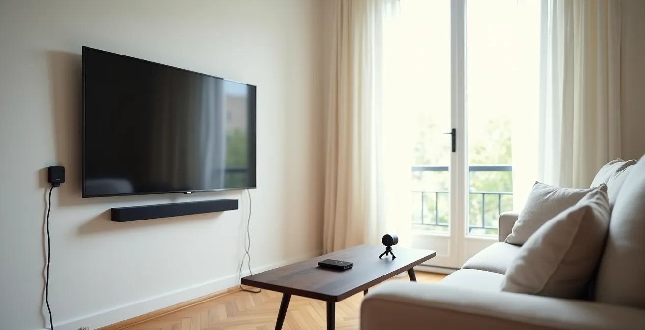 Installation simple d'un dispositif de visioconférence sur une télévision dans un salon français