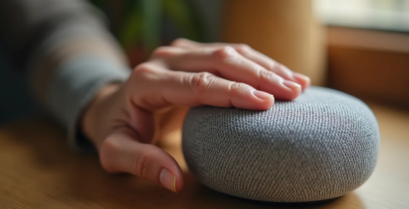 Personne âgée utilisant un assistant vocal dans sa cuisine pour contrôler sa maison connectée