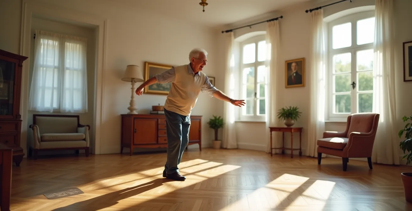 Personne âgée debout utilisant une console de jeu avec détection de mouvement