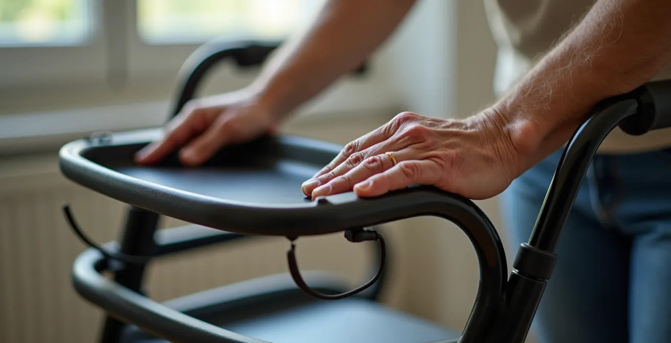 Vue rapprochée des mains d'une personne âgée positionnant un plateau sur un rollator
