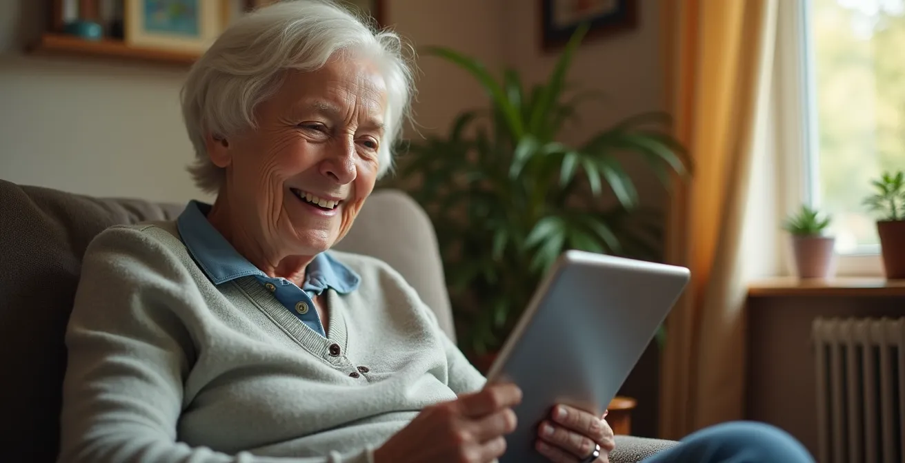 Senior utilisant une tablette 4G dans un environnement EHPAD