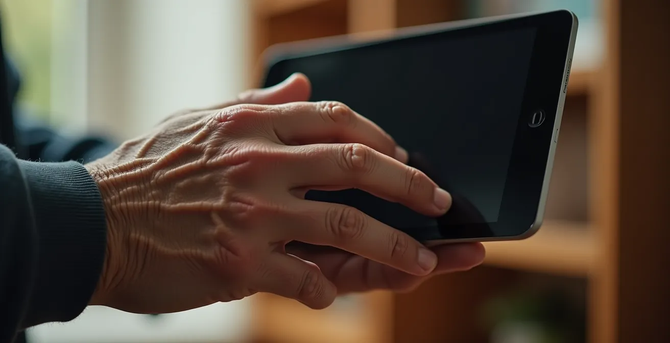 Main de senior tenant une tablette éteinte dans un salon lumineux