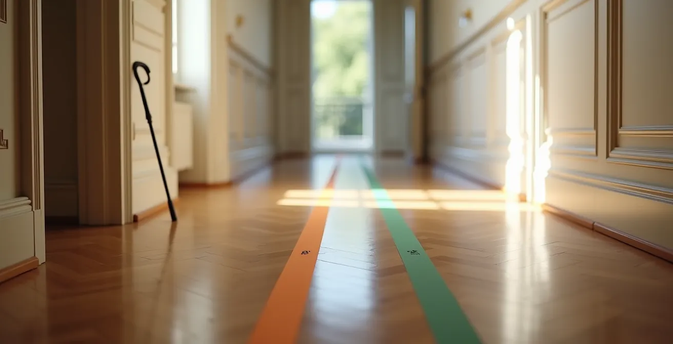 Vue grand angle d'un couloir domestique français avec marquages au sol pour test de marche