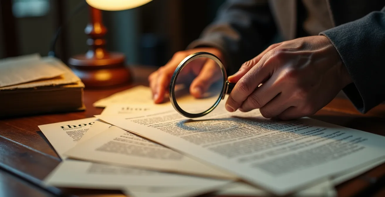 Mains examinant des documents officiels sur un bureau en bois avec loupe