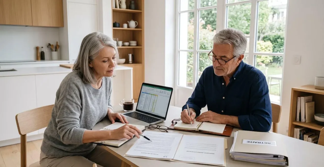 Couple de seniors dans la soixantaine assis à une table de cuisine moderne, consultant des documents de planification retraite avec un ordinateur portable et un carnet de notes