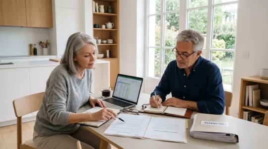 Couple de seniors dans la soixantaine assis à une table de cuisine moderne, consultant des documents de planification retraite avec un ordinateur portable et un carnet de notes