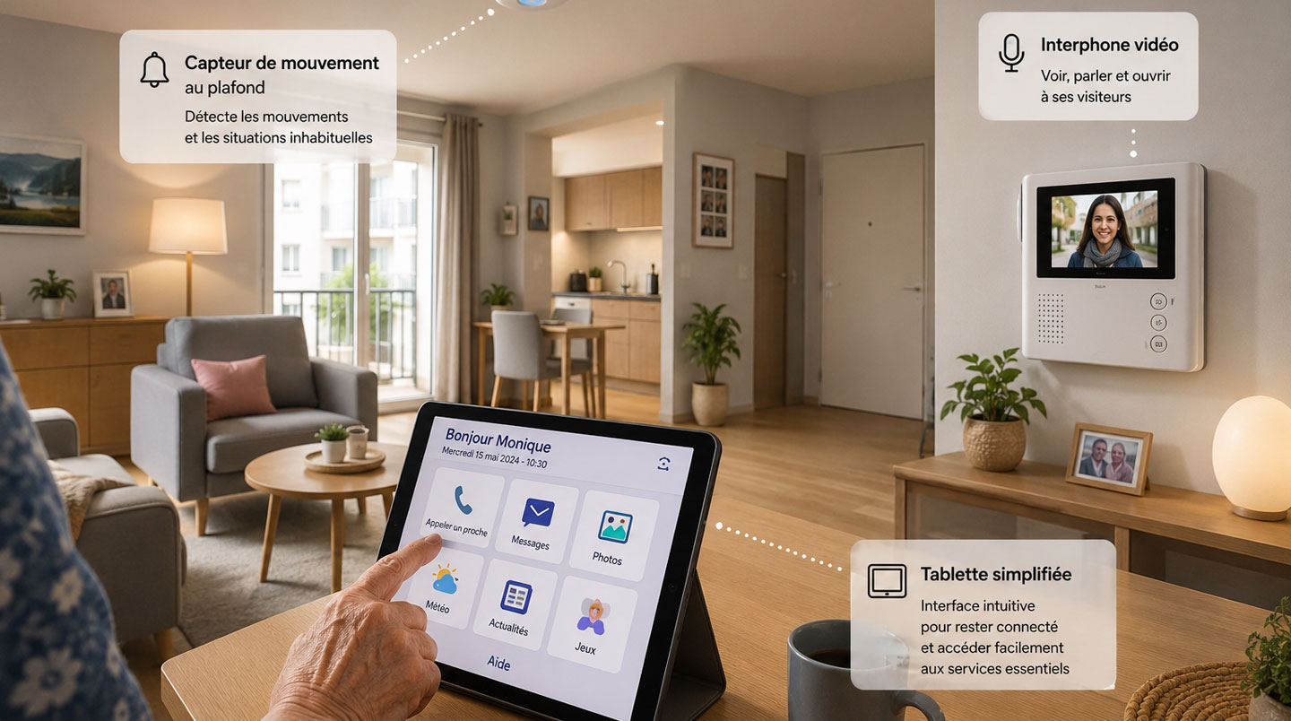 Intérieur d'appartement senior équipé de domotique préventive avec capteur de mouvement au plafond, interphone vidéo et tablette simplifiée utilisée par une main de personne âgée Intérieur d'appartement senior équipé de domotique préventive avec capteur de mouvement au plafond, interphone vidéo et tablette simplifiée utilisée par une main de personne âgée